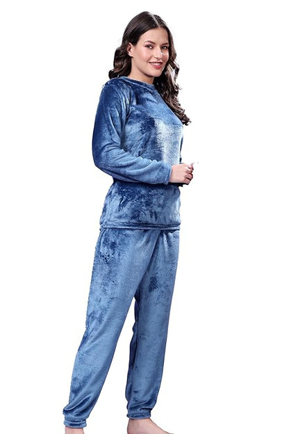 madfrog Women’s Solid Velvet Night Suit | Soft & Comfortable Fabric | Round Neck | Long Sleeve & Full-Length Bottoms | Winter Sleepwear Set