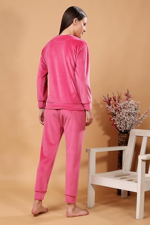 madfrog Women Solid Round Neck Velvet Nightwear Set | Cozy Winter Loungewear & Outdoor Sleepwear