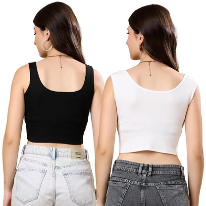 KEX Women’s & Girls Ribbed Cotton Crop Tank Top | Stylish Heart Neck Sleeveless Top | Soft, Stretchable & Breathable Fabric | Casual, Gym, Lounge Wear