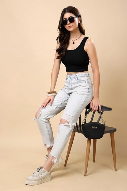 KEX Women’s Rib Knitted Cotton Blend Back Round Neck Crop Tank Top with Sleeveless