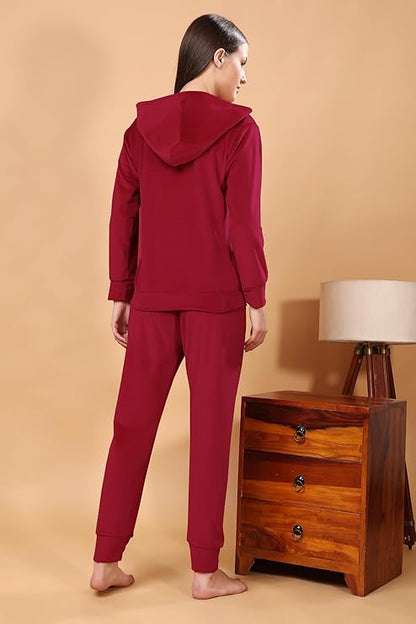 madfrog Women Solid Hooded Neck Velvet Nightwear Set | Cozy Winter Loungewear & Outdoor Sleepwear
