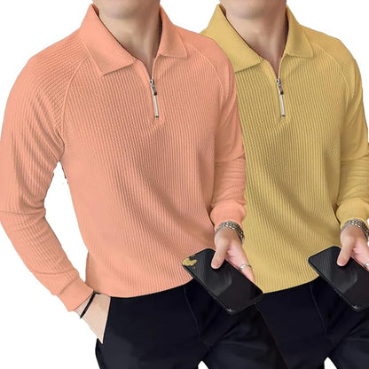 madfrog Pack of 2 Men’s Solid Cotton Blend Zip Polo Neck Full Sleeve T-Shirt – Regular & Comfort Fit Casual Sportswear Top for Men