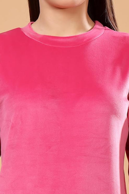 madfrog Women Solid Round Neck Velvet Nightwear Set | Cozy Winter Loungewear & Outdoor Sleepwear