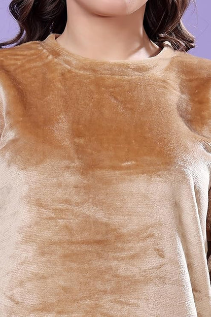 madfrog Women’s Solid Velvet Night Suit | Soft & Comfortable Fabric | Round Neck | Long Sleeve & Full-Length Bottoms | Winter Sleepwear Set