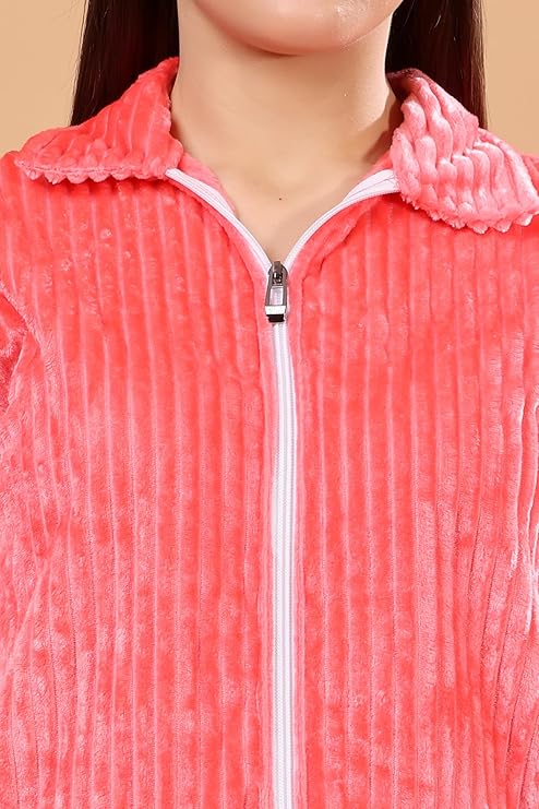 madfrog Women’s Solid Velvet Full Zip Collar Top & Pyjama Set with Pockets – Winter Nightwear Set