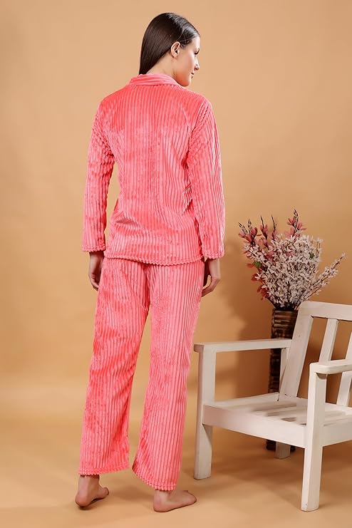 madfrog Women’s Solid Velvet Full Zip Collar Top & Pyjama Set with Pockets – Winter Nightwear Set