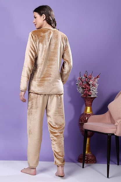 madfrog Women’s Solid Velvet Night Suit | Soft & Comfortable Fabric | Round Neck | Long Sleeve & Full-Length Bottoms | Winter Sleepwear Set