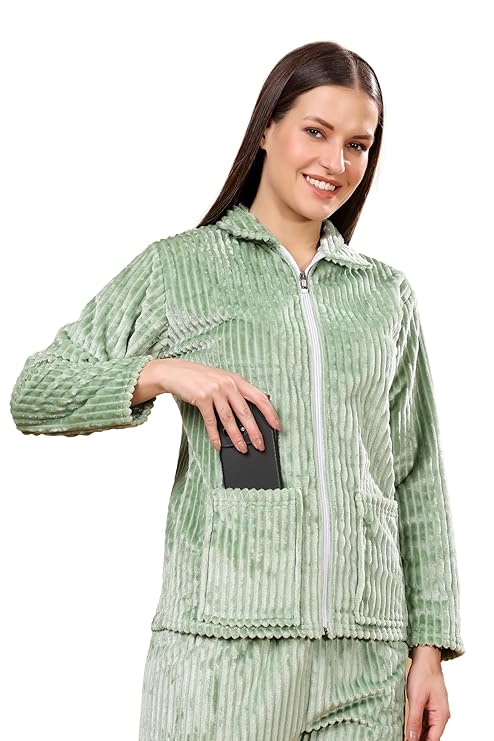 madfrog Women’s Solid Velvet Full Zip Collar Top & Pyjama Set with Pockets – Winter Nightwear Set