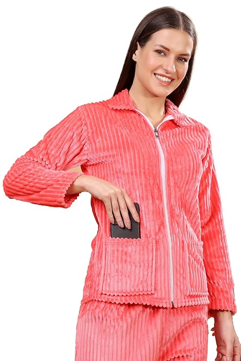 madfrog Women’s Solid Velvet Full Zip Collar Top & Pyjama Set with Pockets – Winter Nightwear Set
