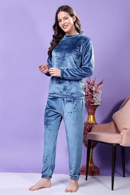 madfrog Women’s Solid Velvet Night Suit | Soft & Comfortable Fabric | Round Neck | Long Sleeve & Full-Length Bottoms | Winter Sleepwear Set