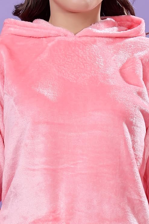 madfrog Women’s Solid Velvet Night Suit | Soft & Comfortable Fabric | Hooded Neck | Long Sleeve & Full-Length Bottoms | Winter Sleepwear Set