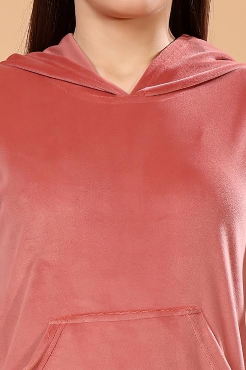 madfrog Women Solid Hooded Neck Velvet Nightwear Set | Cozy Winter Loungewear & Outdoor Sleepwear