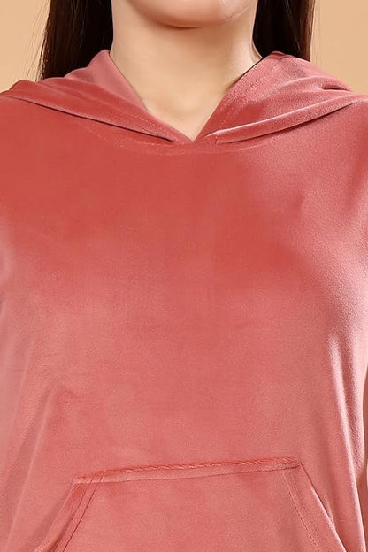 madfrog Women Solid Hooded Neck Velvet Nightwear Set | Cozy Winter Loungewear & Outdoor Sleepwear