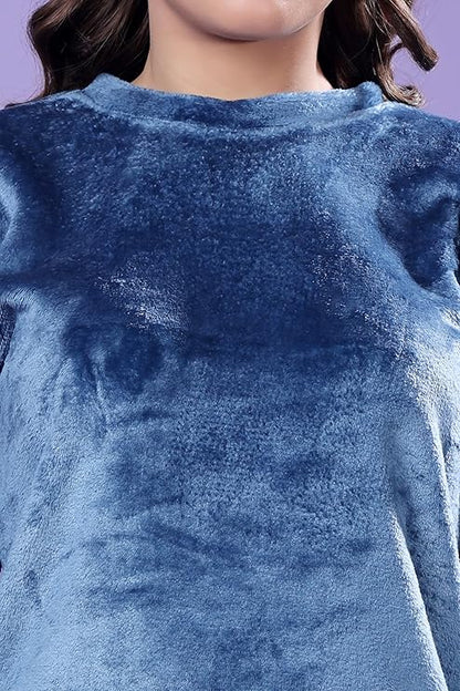 madfrog Women’s Solid Velvet Night Suit | Soft & Comfortable Fabric | Round Neck | Long Sleeve & Full-Length Bottoms | Winter Sleepwear Set