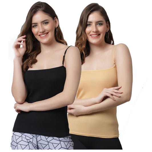 Kex Women Adjustable Camisole Black & Beige Pack of 2