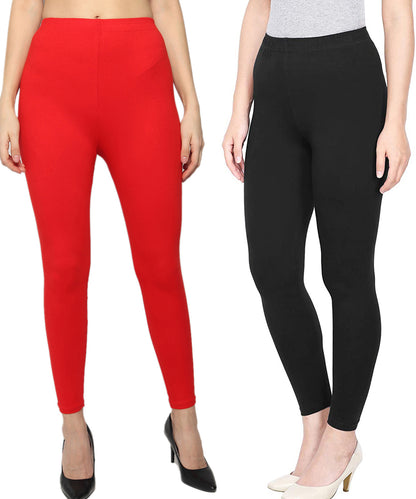 Kex Women Ankle Length Leggings Black & Red Pack of 2