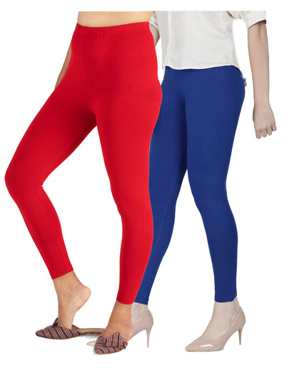 Kex Women Ankle Length Leggings Red & Blue Pack of 2