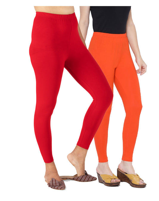 Kex Women Ankle Length Leggings Red & Orange Pack of 2