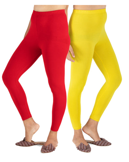 Kex Women Ankle Length Leggings Red & Yellow Pack of 2