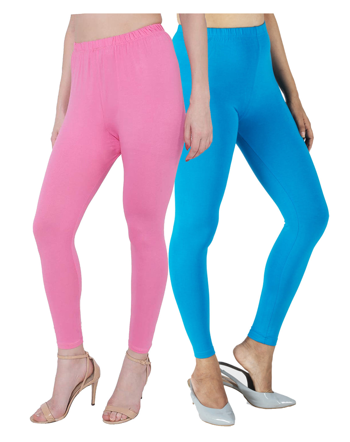 Kex Women Ankle Length Leggings Pink & Sky Blue Pack of 2