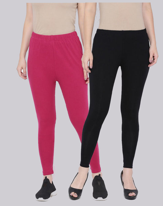 Kex Women Ankle Length Leggings Magenta & Black Pack of 2