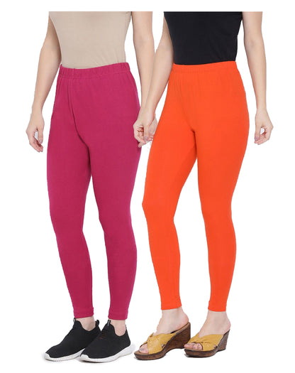 Kex Women Ankle Length Leggings Magenta & Orange Pack of 2