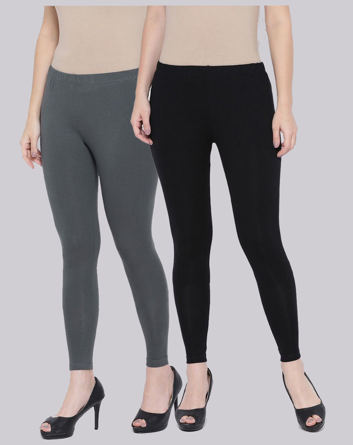 Kex Women Ankle Length Leggings Grey & Black Pack of 2