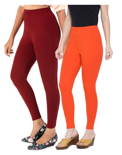 Kex Women Ankle Length Leggings Maroon & Orange Pack of 2