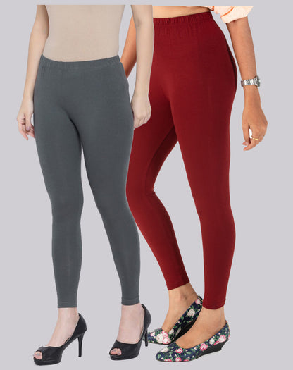 Kex Women Ankle Length Leggings Grey & Maroon Pack of 2