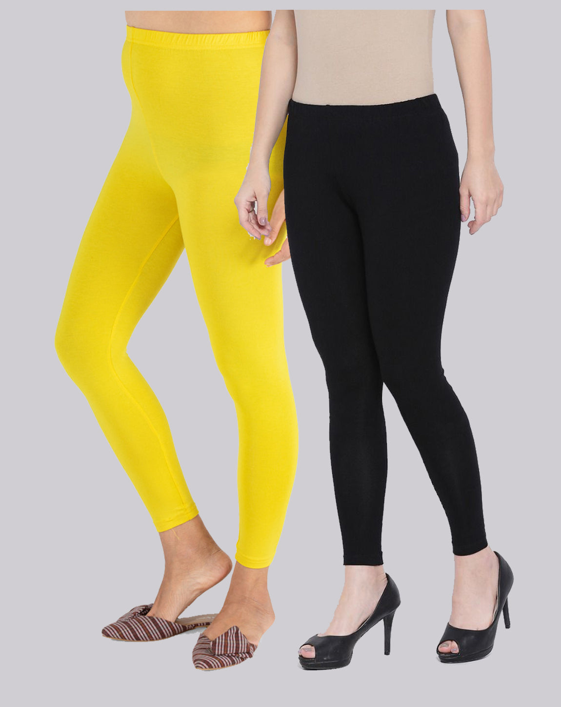 Kex Women Ankle Length Leggings Yellow & Black Pack of 2