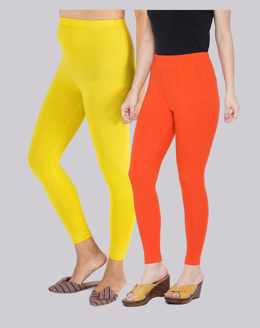 Kex Women Ankle Length Leggings Yellow & Orange Pack of 2