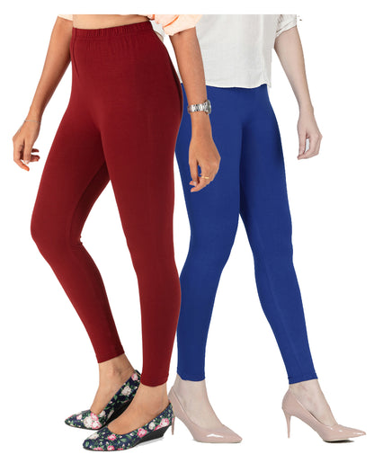 Kex Women Ankle Length Leggings Maroon & Blue Pack of 2