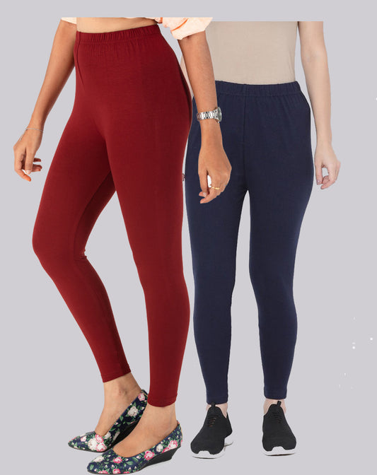 Kex Women Ankle Length Leggings Maroon & Navy Blue Pack of 2