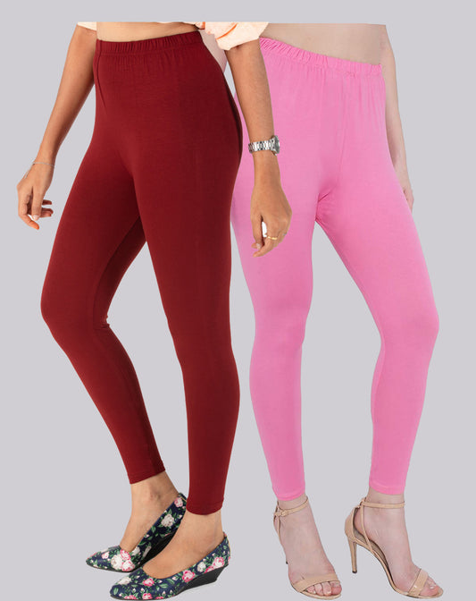 Kex Women Ankle Length Leggings Maroon & Pink Pack of 2