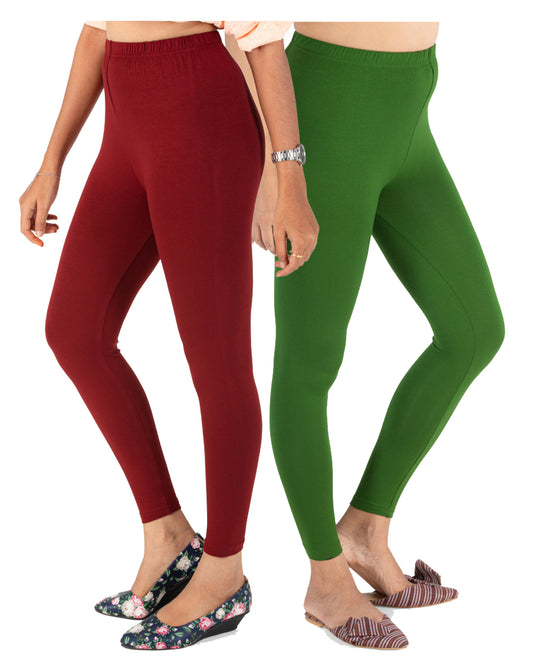 Kex Women Ankle Length Leggings Maroon & Green Pack of 2