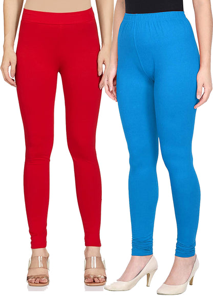 Kex Women Churidar Leggings Red & Sky Blue Pack of 2