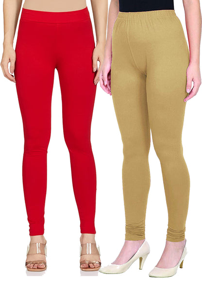 Kex Women Churidar Leggings Red & Beige Pack of 2