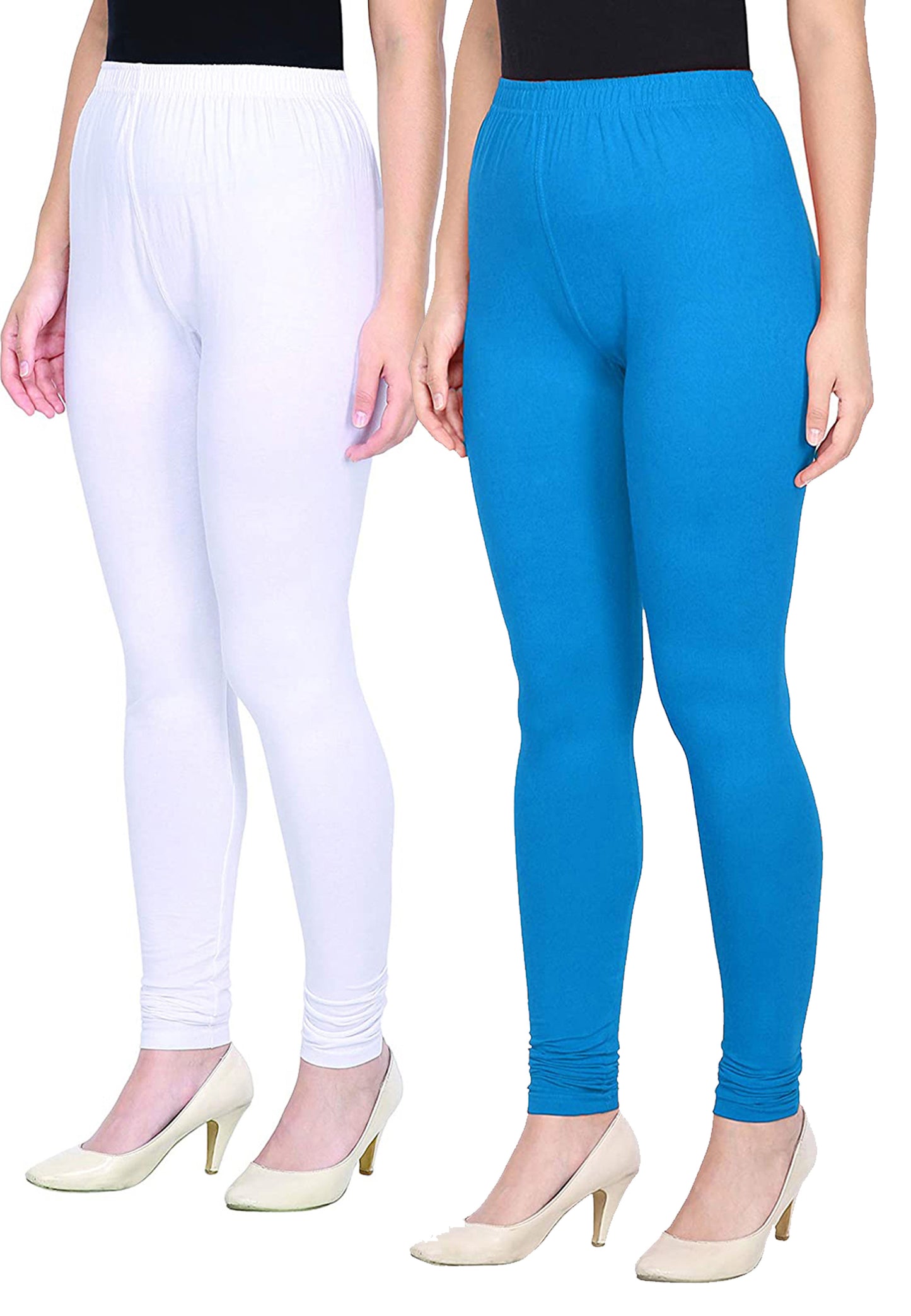 Kex Women Churidar Leggings White & Sky Blue Pack of 2