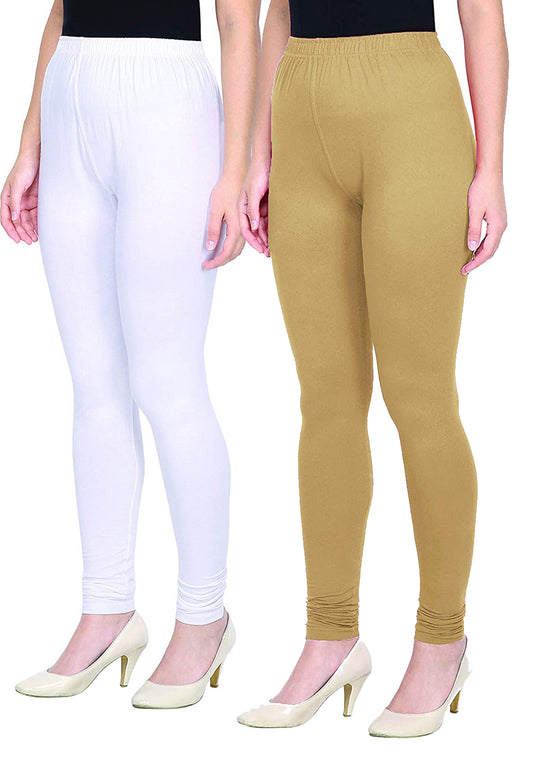 Kex Women Churidar Leggings White & Beige Pack of 2