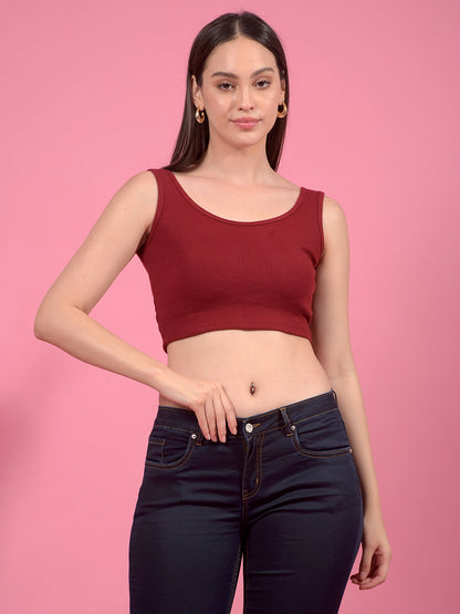 Kex Women Lycra Sleeveless Solid Maroon Crop Top Round Neck
