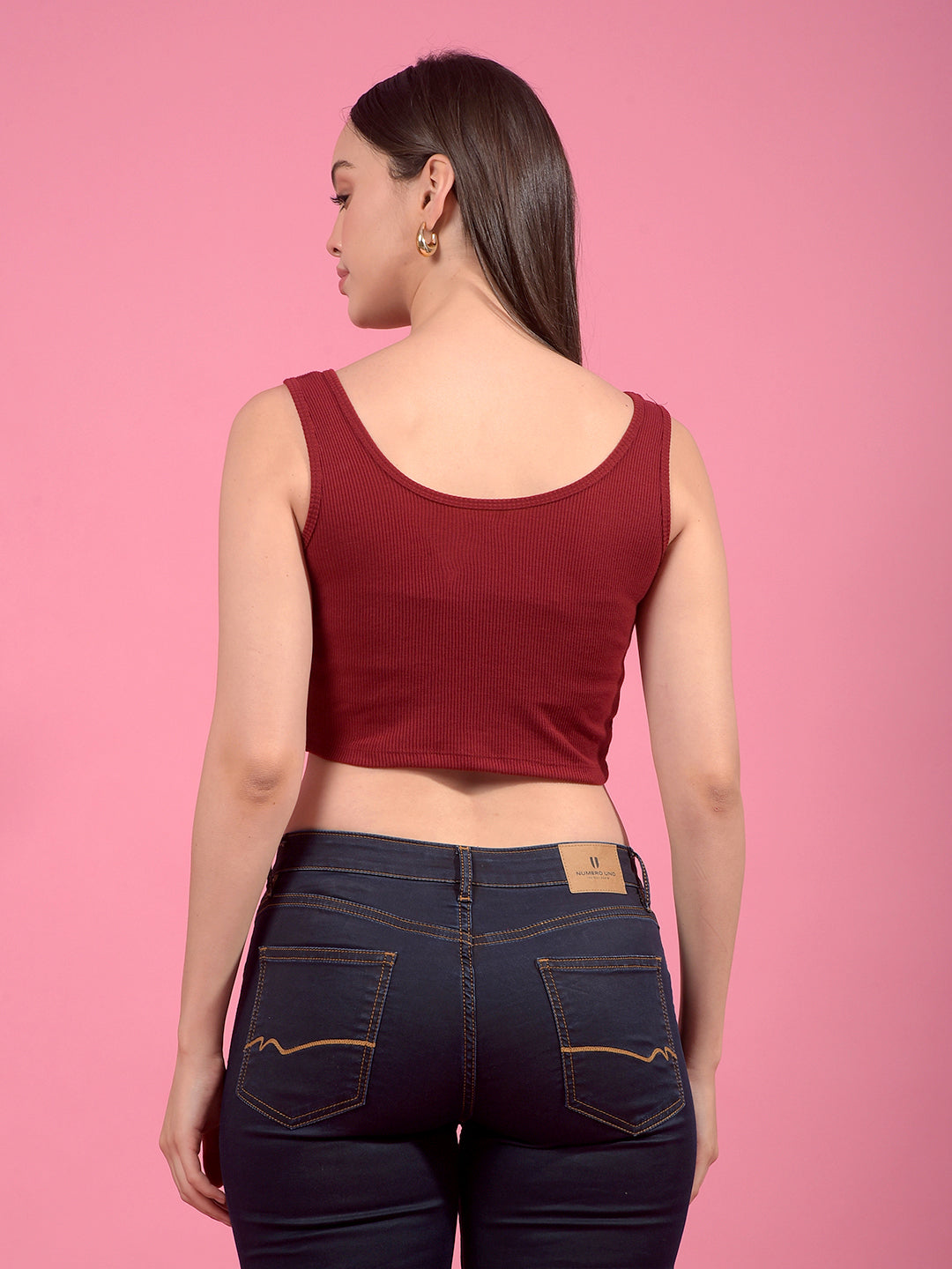 Kex Women Lycra Sleeveless Solid Maroon Crop Top Round Neck