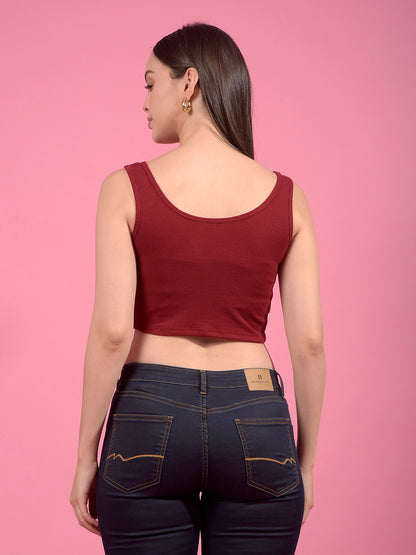 Kex Women Lycra Sleeveless Solid Maroon Crop Top Round Neck