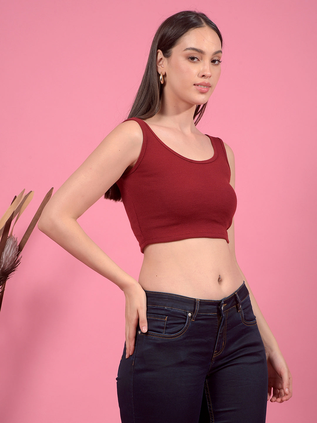 Kex Women Lycra Sleeveless Solid Maroon Crop Top Round Neck