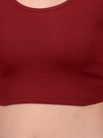 Kex Women Lycra Sleeveless Solid Maroon Crop Top Round Neck