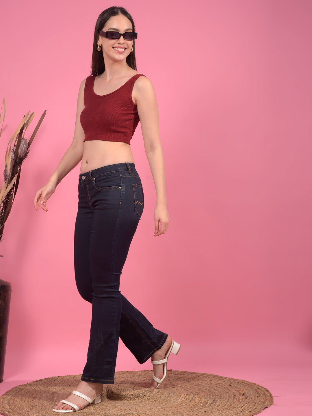 Kex Women Lycra Sleeveless Solid Maroon Crop Top Round Neck