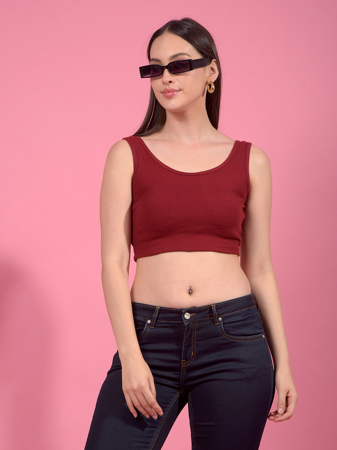 Kex Women Lycra Sleeveless Solid Maroon Crop Top Round Neck