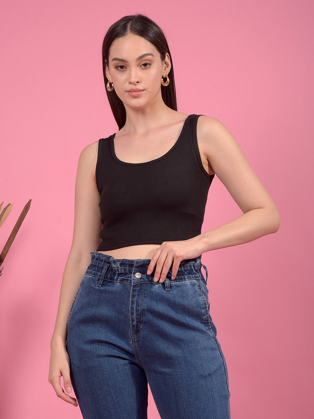 Kex Women Lycra Sleeveless Solid Black Crop Top Round Neck