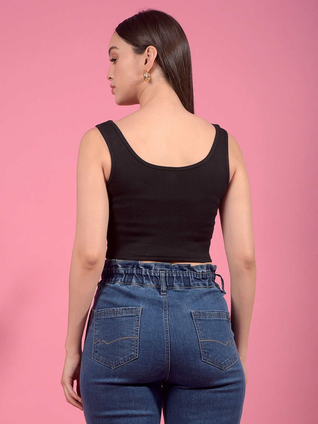 Kex Women Lycra Sleeveless Solid Black Crop Top Round Neck