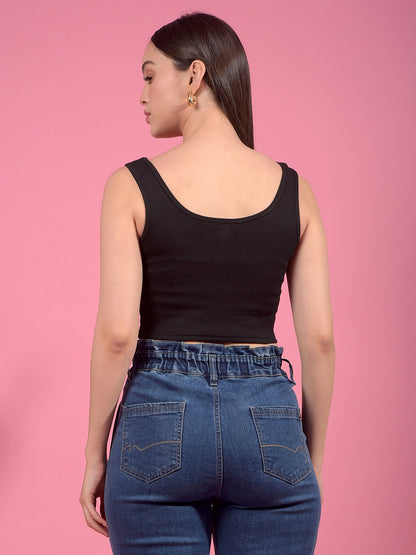 Kex Women Lycra Sleeveless Solid Black Crop Top Round Neck