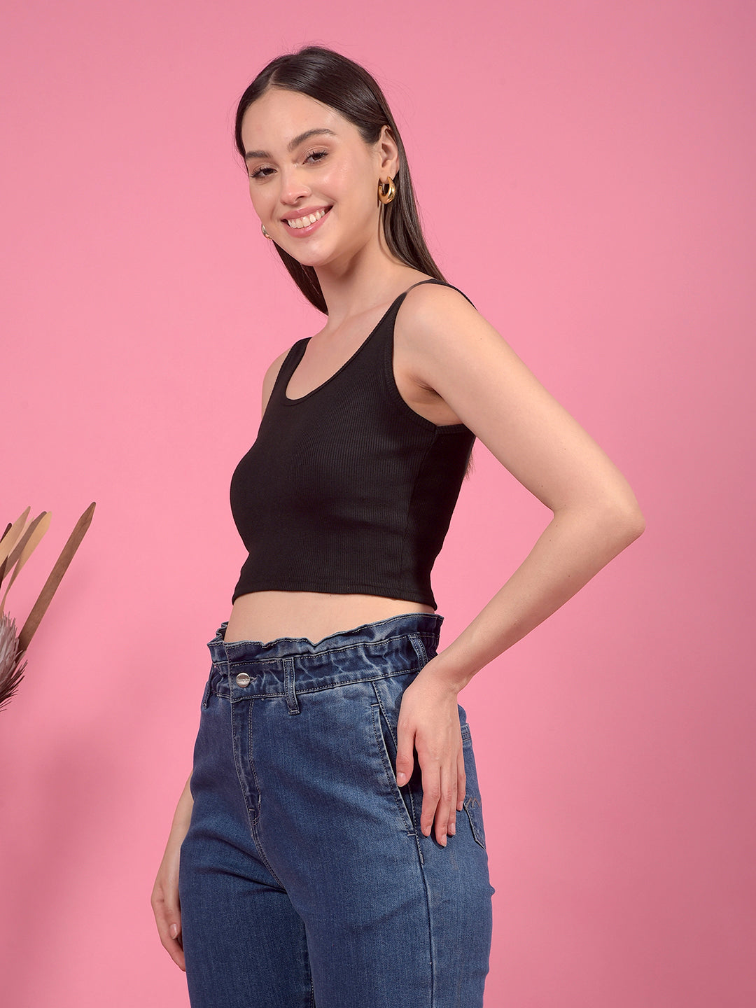 Kex Women Lycra Sleeveless Solid Black Crop Top Round Neck